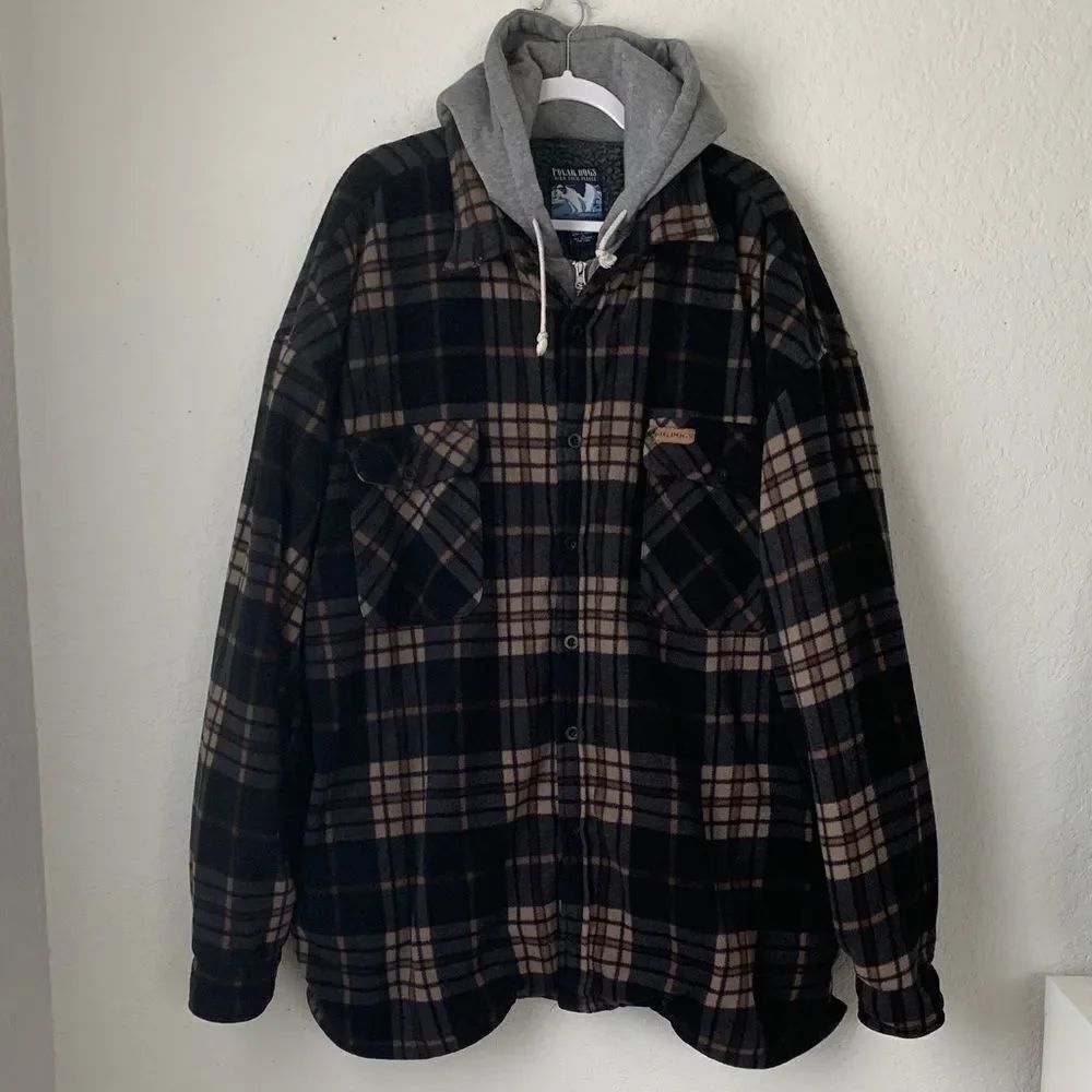 Polar Dogs High Tech Fleece Black/Tan Plaid Shirt Hooded Jacket Full Zip Size 4X